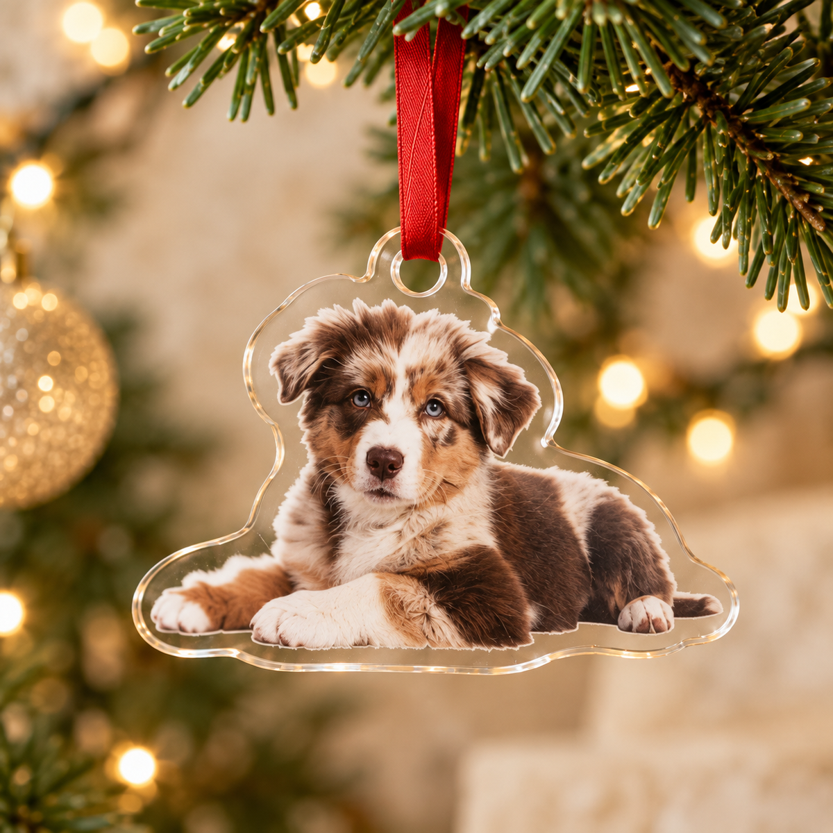 Concept illustration of a pet-shaped acrylic Christmas ornament hanging from a tree